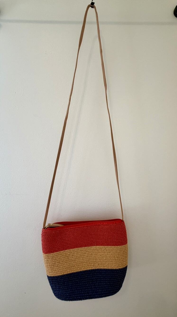 Magid Paper Straw Crossbody Bag Red Tan Navy Colorblock Shoulder Purse